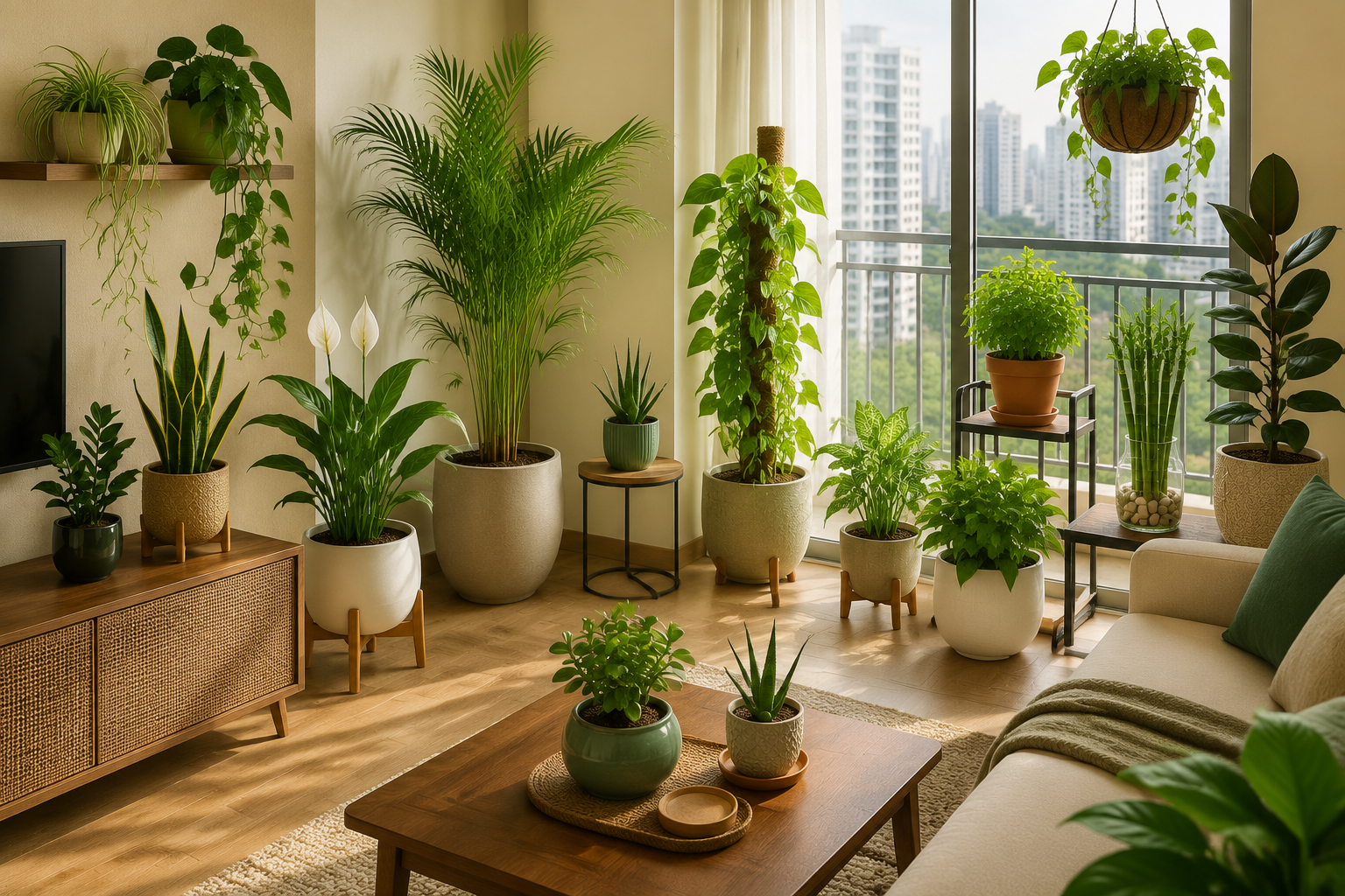 Premium blog featured image of a modern Mumbai apartment showcasing 12 Vastu indoor plants placed in different areas of the home according to Vastu principles, including Money Plant, Tulsi, Lucky Bamboo, Peace Lily, Snake Plant, and Areca Palm in decorative pots with natural sunlight and elegant interior decor