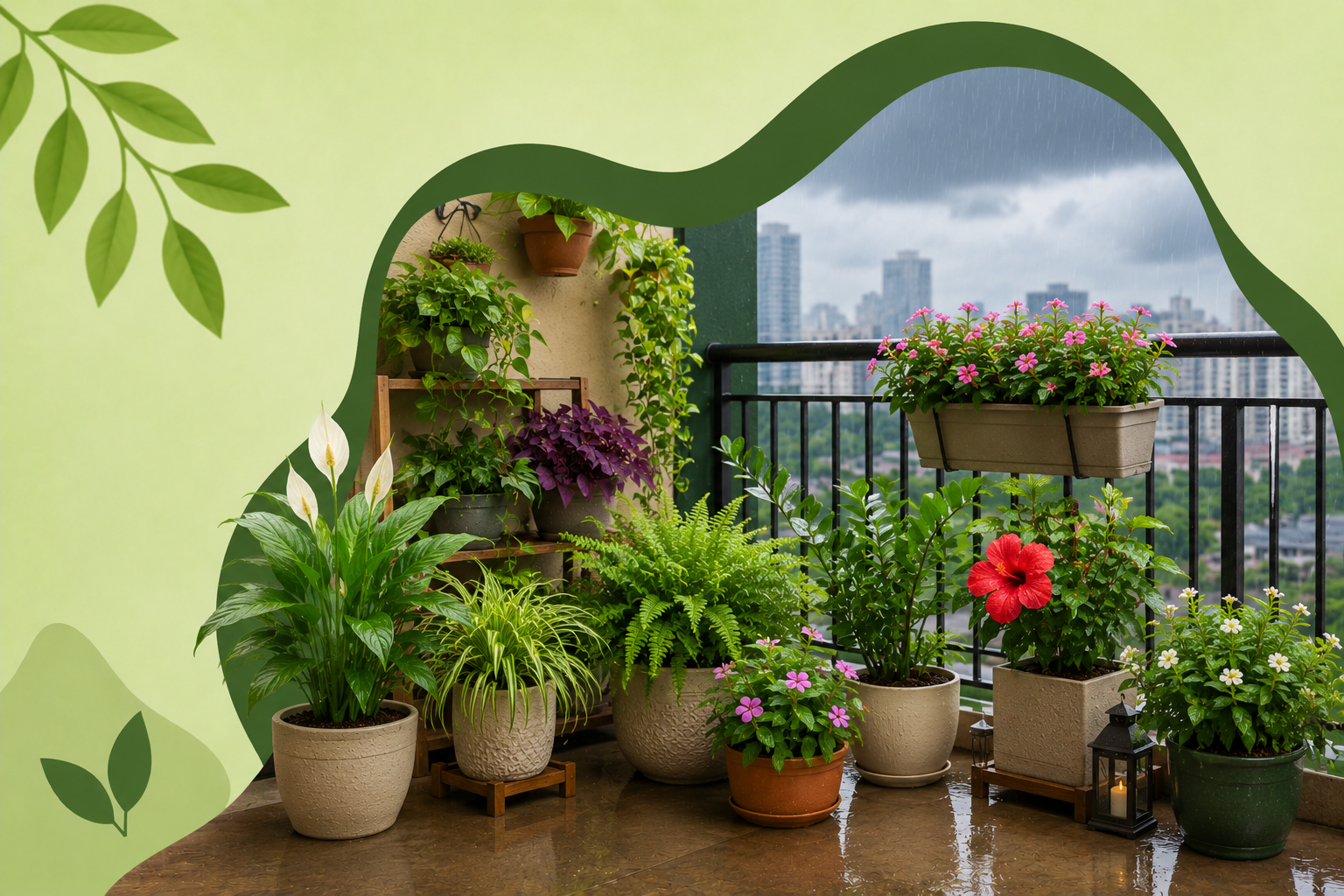 Best monsoon plants for Mumbai balconies with healthy potted flowers and foliage, rain-friendly container gardening, low-maintenance balcony plants, waterproof balcony garden, and monsoon gardening ideas.