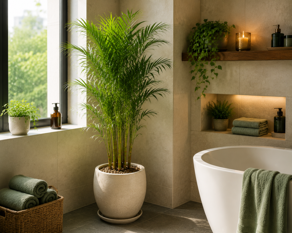 A cluster of bamboo palm stems with narrow leaves, placed in a bathroom corner near a window