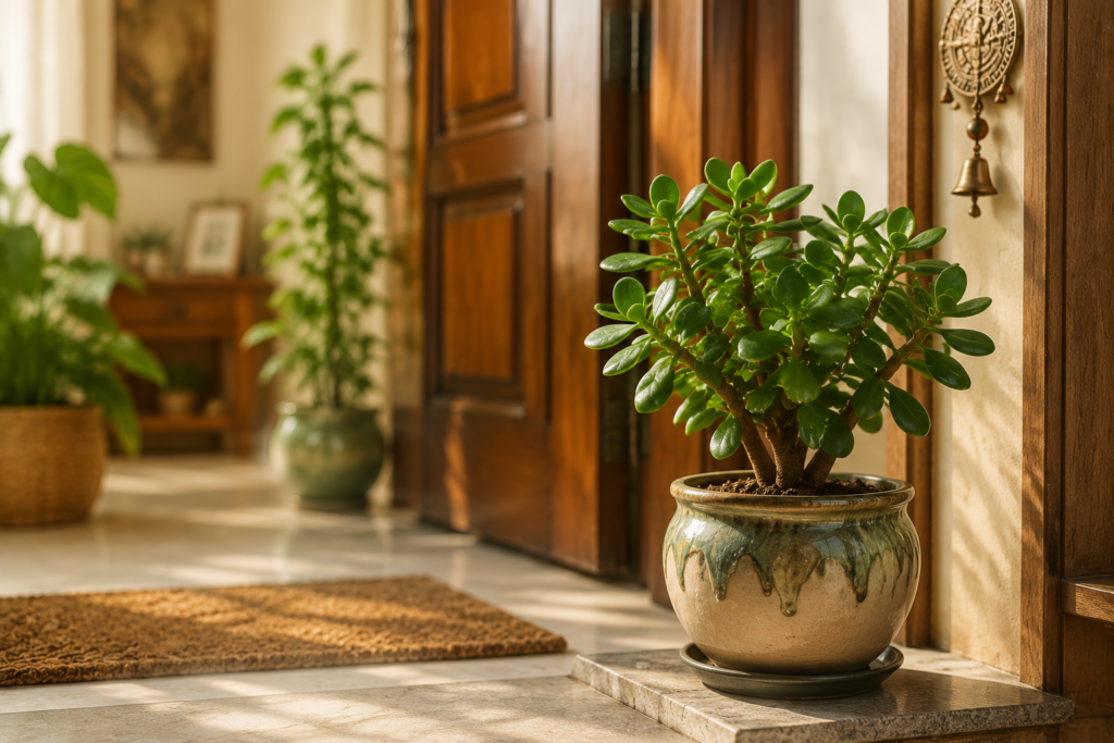 A compact jade plant with thick, coin-shaped leaves in a small ceramic pot placed near the front door