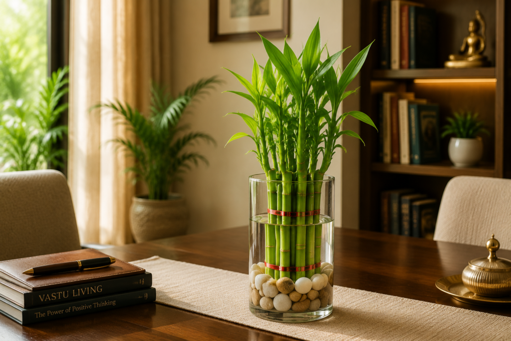 A glass vase with lucky bamboo stalks, pebbles, and clean water, placed on a dining table or study desk