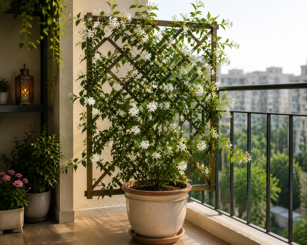 A jasmine plant with small white flowers, trained on a trellis on a balcony railing