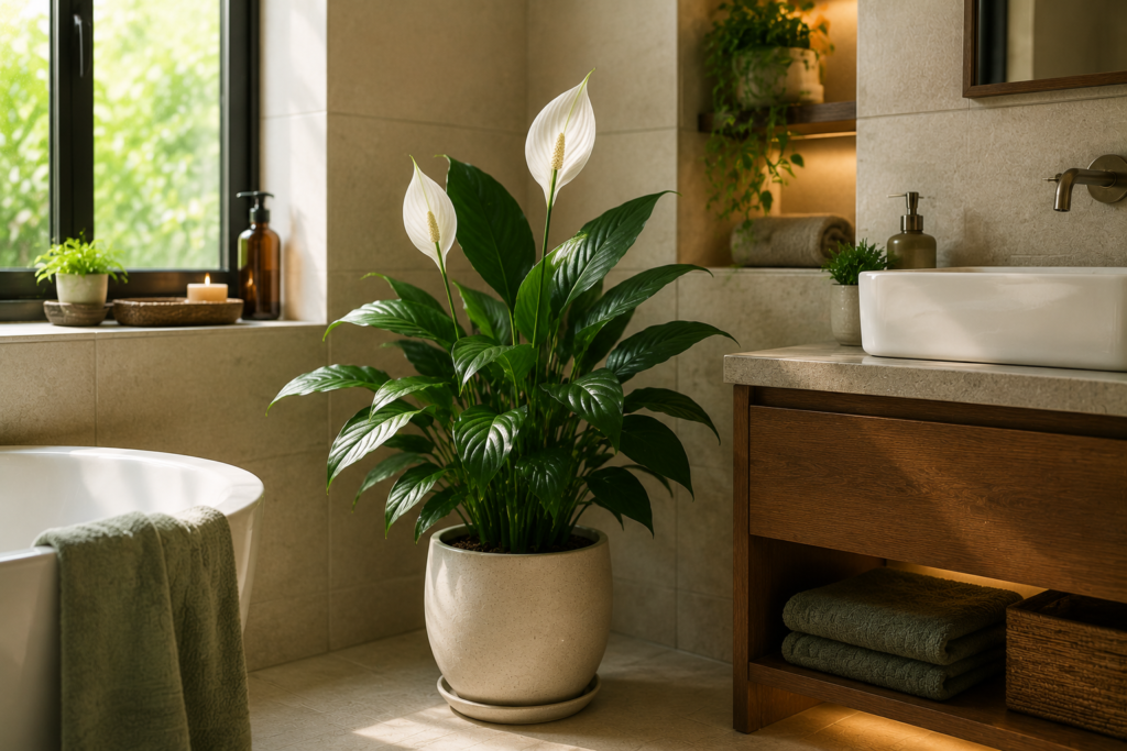 A peace lily with dark green leaves and a white flower, placed in a bathroom corner near natural light
