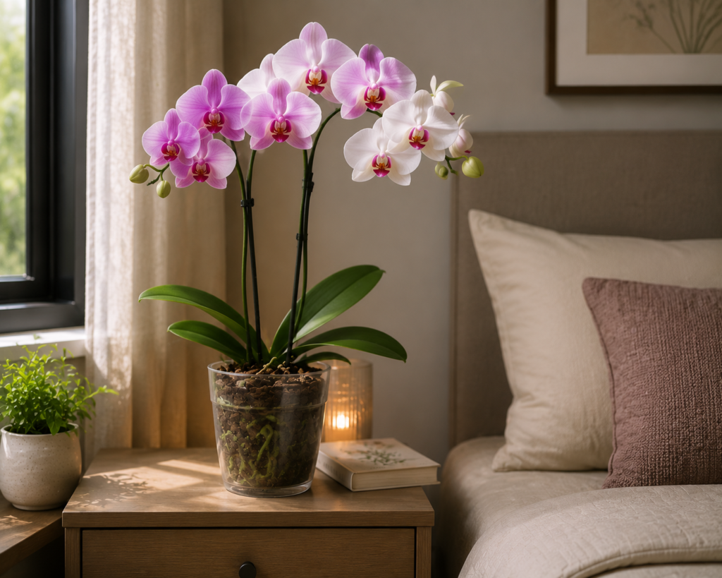 A purple or white orchid in a transparent pot, placed on a bedroom side table