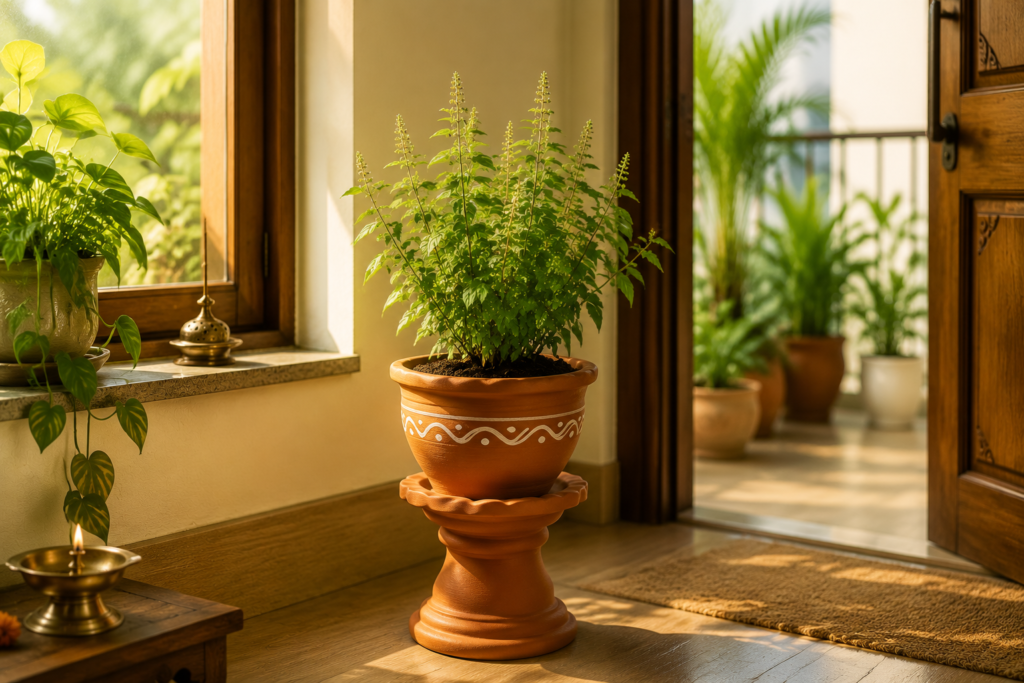 A small Tulsi plant for vastu dosh in a raised terracotta pot, kept near a sunny window or entrance, with fresh green leaves