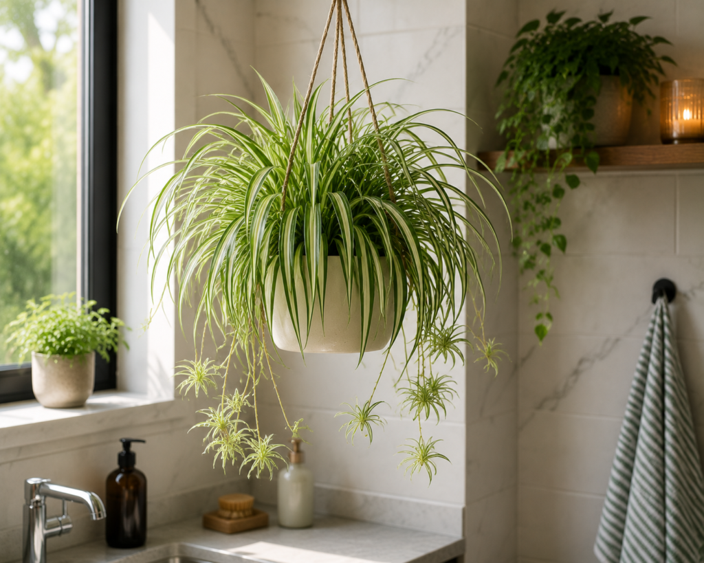 A spider plant with thin, arching green and white striped leaves, in a hanging pot in a kitchen or bathroom.12 Indoor Vastu Plants for Home in Mumbai With Direction And Pot Guide