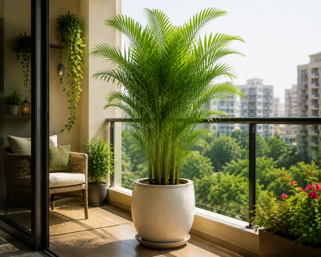 A tall, feathery areca palm in a large ceramic planter, placed on an open balcony