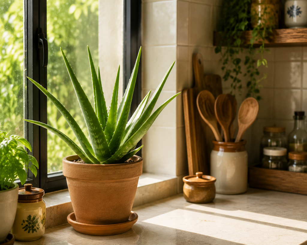 A thick, spiky aloe vera plant in a clay pot on a sunny kitchen windowsill