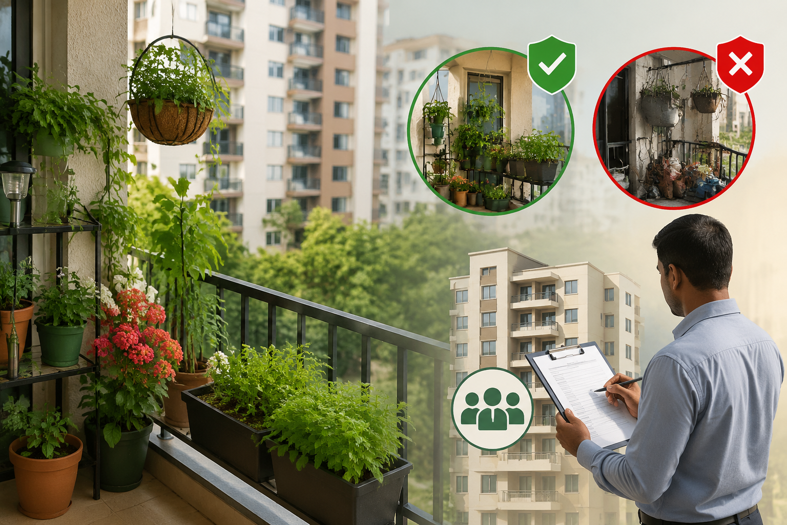 Mumbai balcony garden rules and regulations in housing societies showing safe potted plants, railing planters, society compliance checks, and apartment balcony gardening guidelines