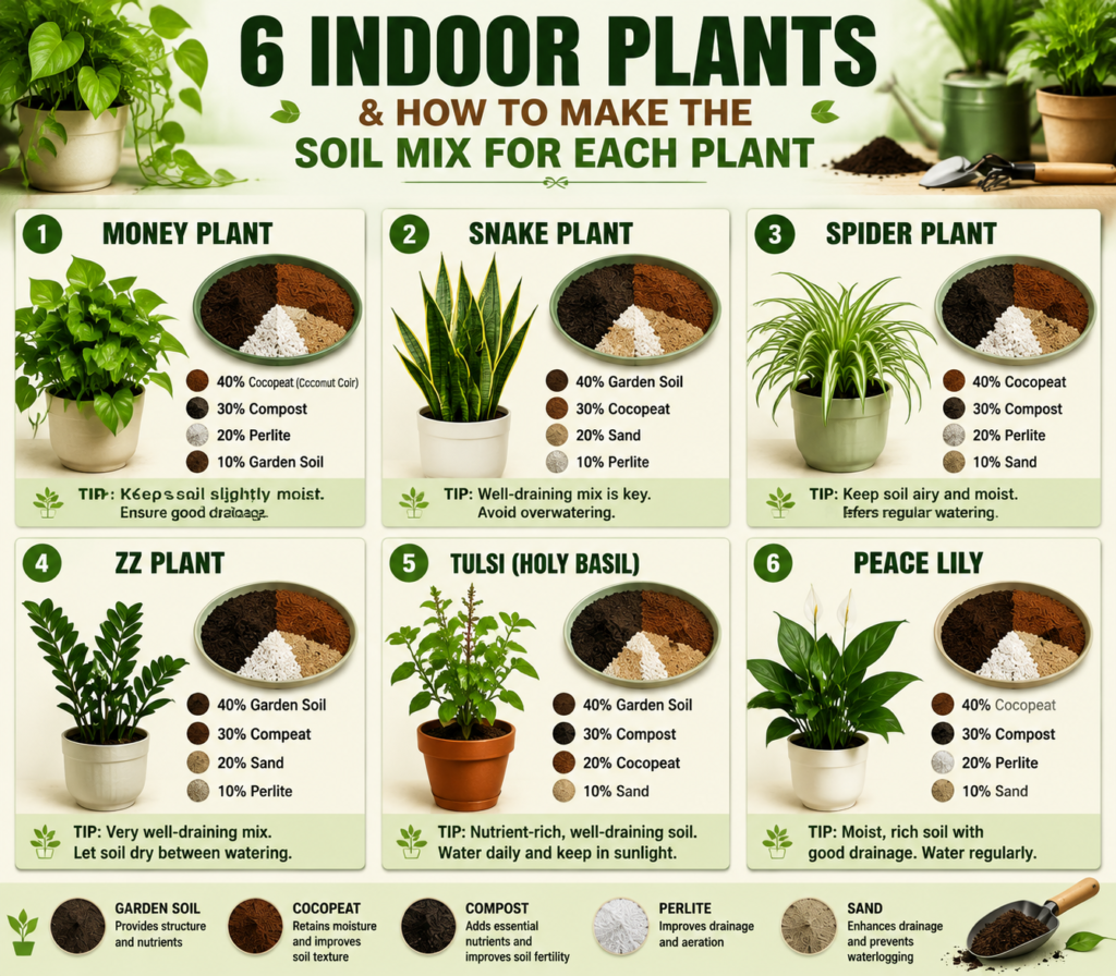 Best soil mix for Money Plant, Snake Plant, Spider Plant, ZZ Plant, Tulsi and Peace Lily with soil recipe proportions and care tips for indoor plants in Mumbai.