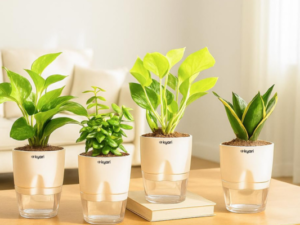 Kyari Combo of 4 Indoor Plants - Money Variegated, Golden Money, Golden Snake, Jade with Cream Self Watering Pot 4 Inch - Live Plants for Home Decor, Living Room, Office Desk - Air Purifying Plant