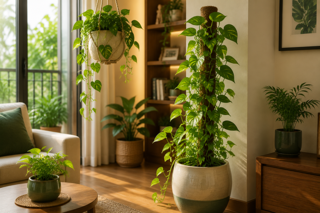 Money Plant growing on a moss pole in a modern living room corner for Vastu and positive energy