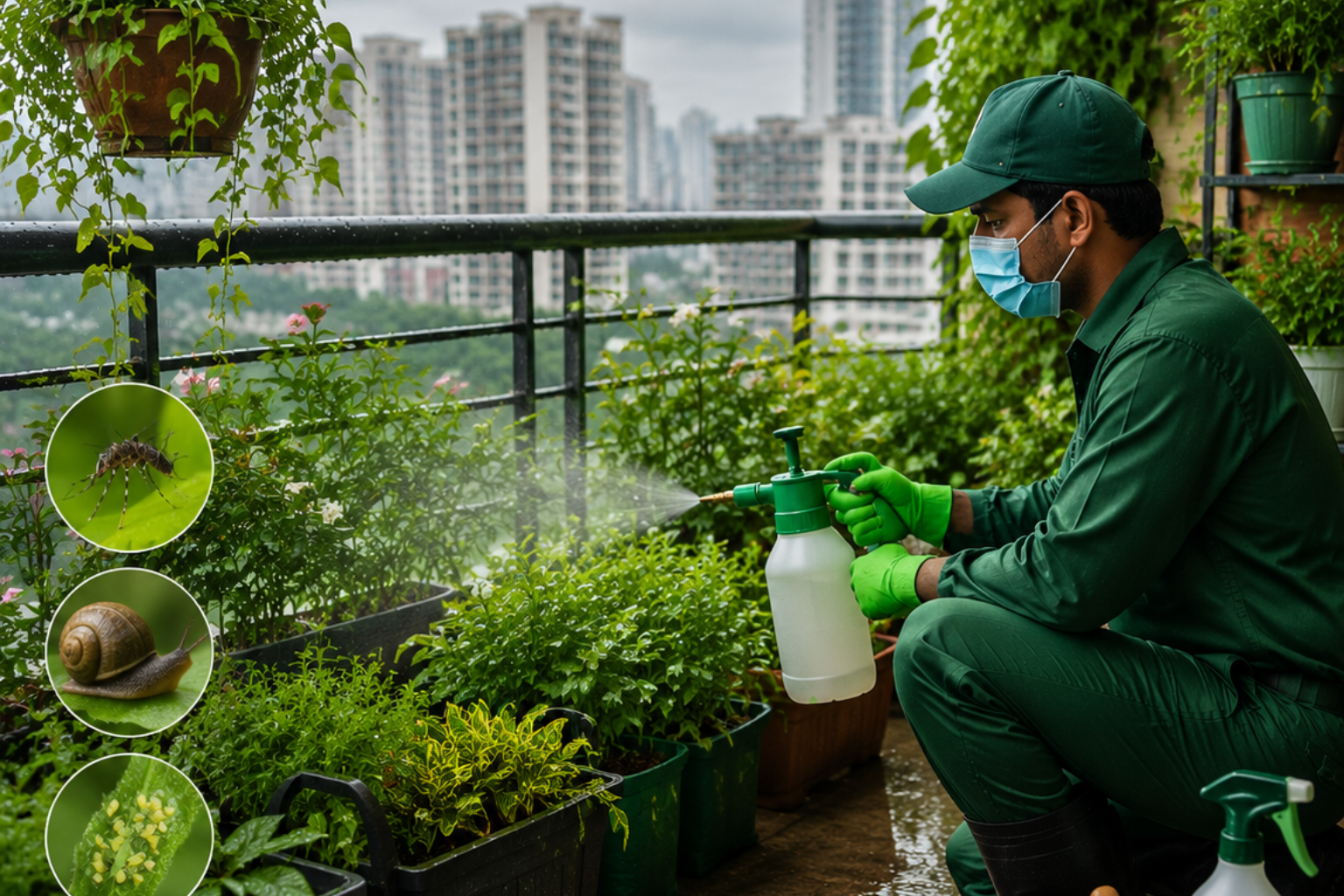 Realistic Mumbai monsoon balcony garden showing common pest problems such as mosquitoes, snails, fungus and eco-friendly pest control solutions for apartment plants during the rainy season.