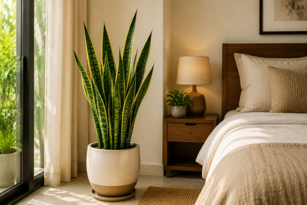 Tall, upright snake plant leaves with yellow-edged patterns, in a simple ceramic pot beside a bed