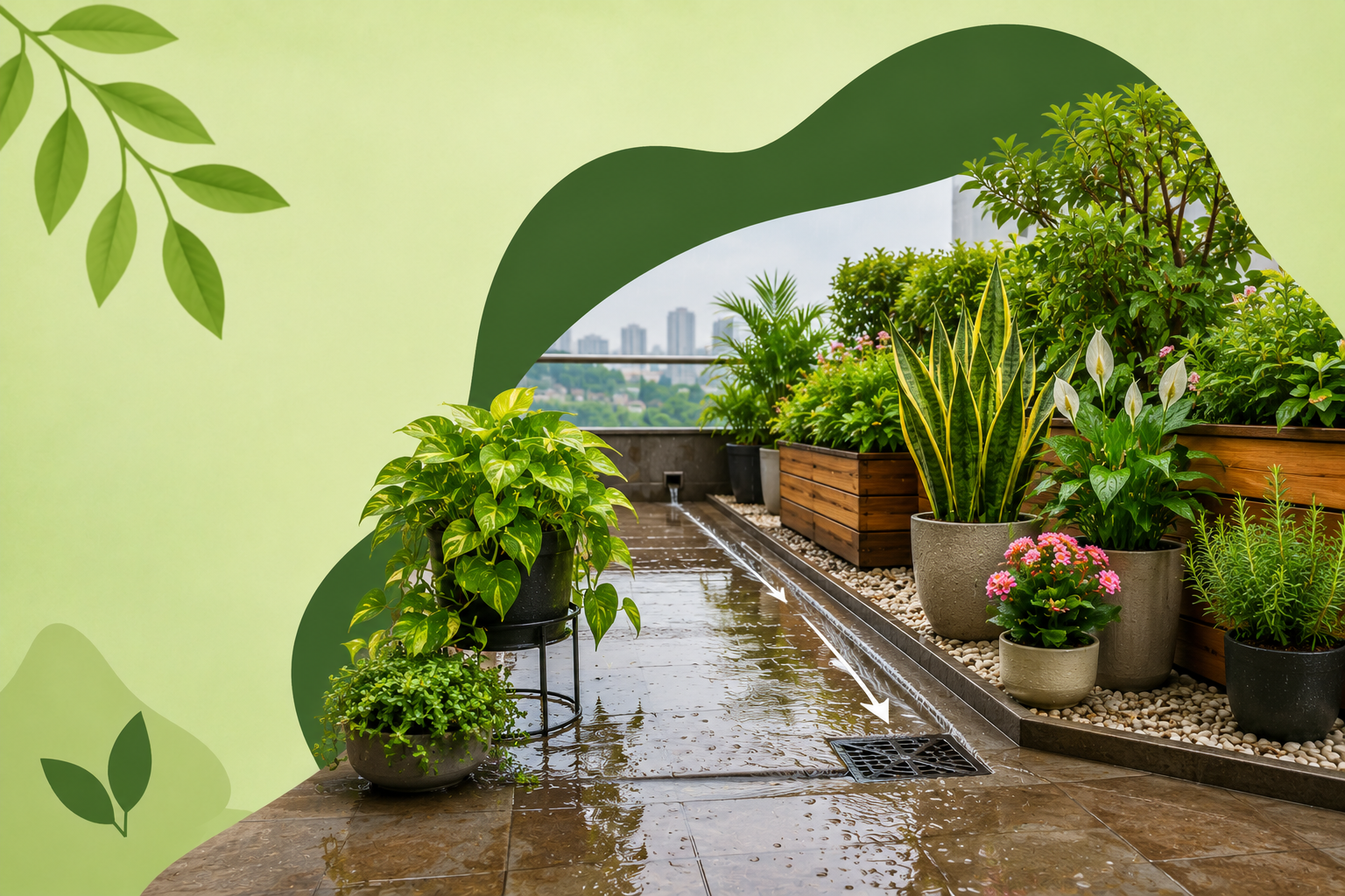 Terrace waterproofing Mumbai with proper rooftop garden drainage, waterlogging prevention, healthy potted plants, monsoon gardening solutions, rainwater management, terrace garden maintenance, and rooftop plant care.