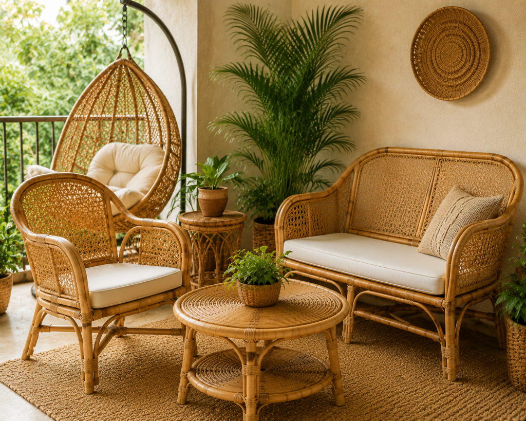 Hanging cane egg chair in Mumbai balcony