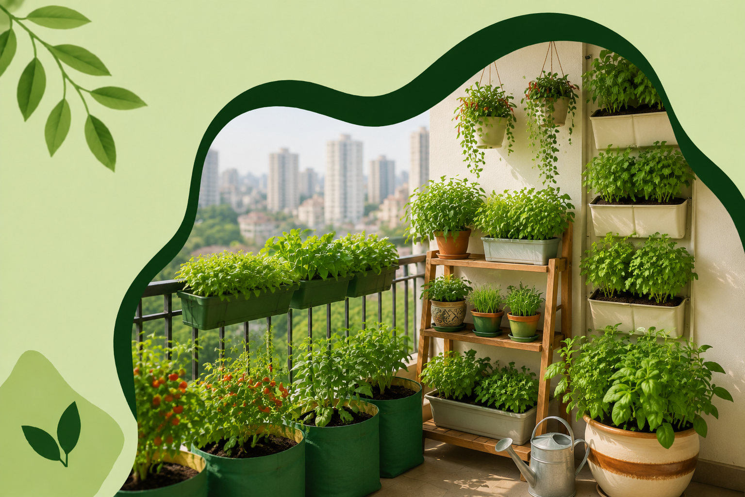 Mumbai apartment kitchen garden featuring vertical planters, grow bags, and fresh herbs in a small balcony, showcasing smart kitchen garden ideas for compact flats and urban homes in Mumbai.