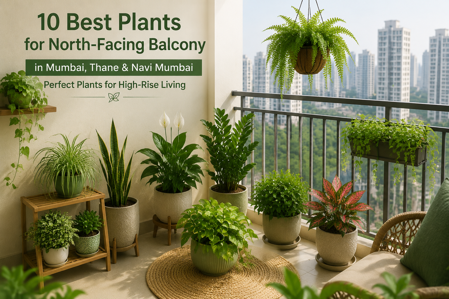 10 best plants for a north-facing balcony in Mumbai, Thane and Navi Mumbai, featuring indoor and balcony plants in pots, hanging planters and a modern high-rise apartment balcony garden.