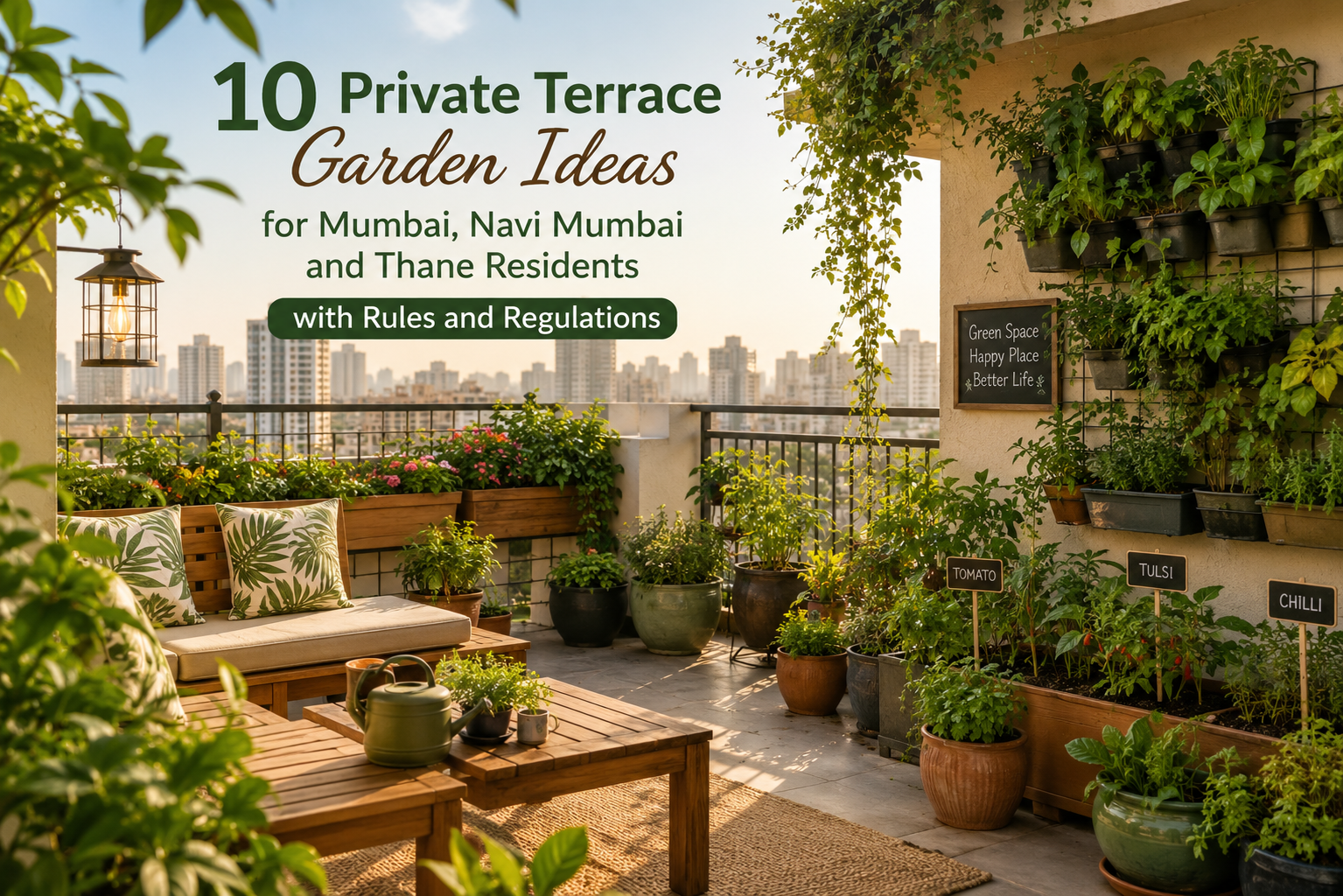 10 private terrace garden ideas for Mumbai, Navi Mumbai and Thane residents featuring a lush rooftop garden with potted vegetables, herbs, vertical garden, flowering plants, wooden seating and a city skyline, with guidance on terrace garden rules and regulations