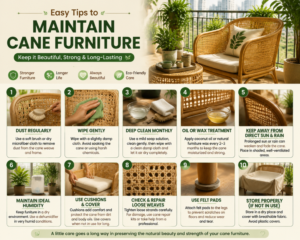 Infographic showing 10 easy cane furniture maintenance tips for balcony garden, outdoor cane furniture in garden and indoor cane furniture, including dusting, gentle cleaning, deep washing, natural oil or wax treatment, protection from direct sunlight and rain, humidity control, using cushions and covers, repairing loose cane weave, adding felt pads, and proper storage to extend the life of rattan and wicker furniture in Indian homes