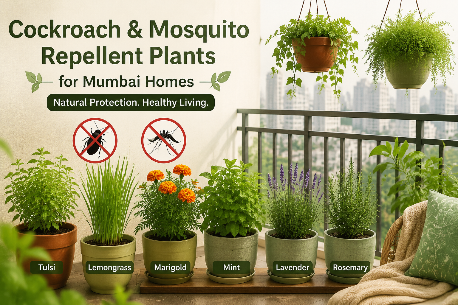 Cockroach and mosquito repellent plants for Mumbai homes, featuring Tulsi, lemongrass, marigold, mint, lavender and rosemary in balcony planters, with natural pest-repellent benefits for Indian homes