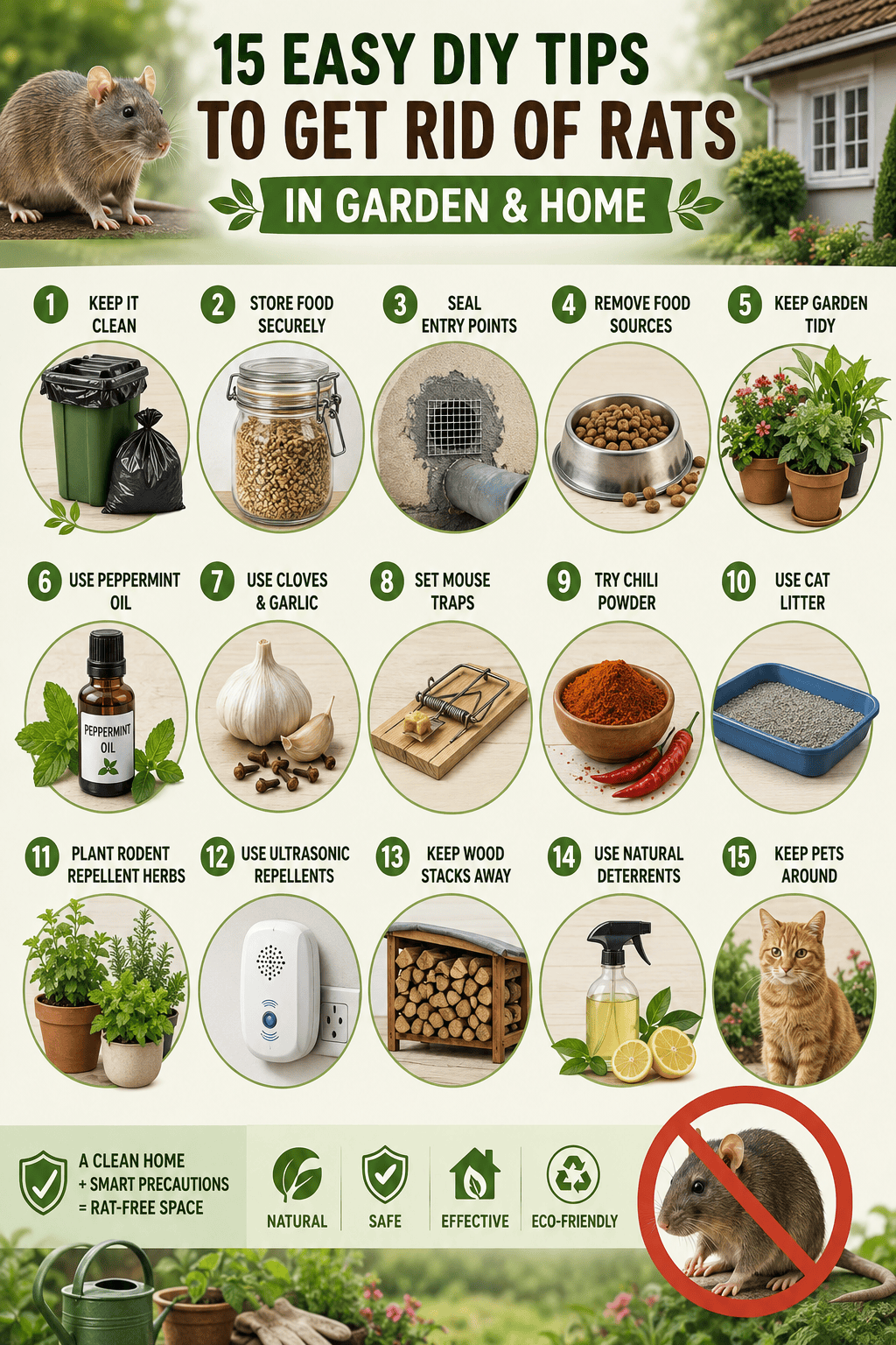 15 easy DIY tips to get rid of rats in the garden and home naturally, featuring cleanliness, secure food storage, sealing entry points, peppermint oil, garlic, cloves, traps, chili powder, rodent-repellent herbs, ultrasonic repellents, and other safe eco-friendly rat control methods