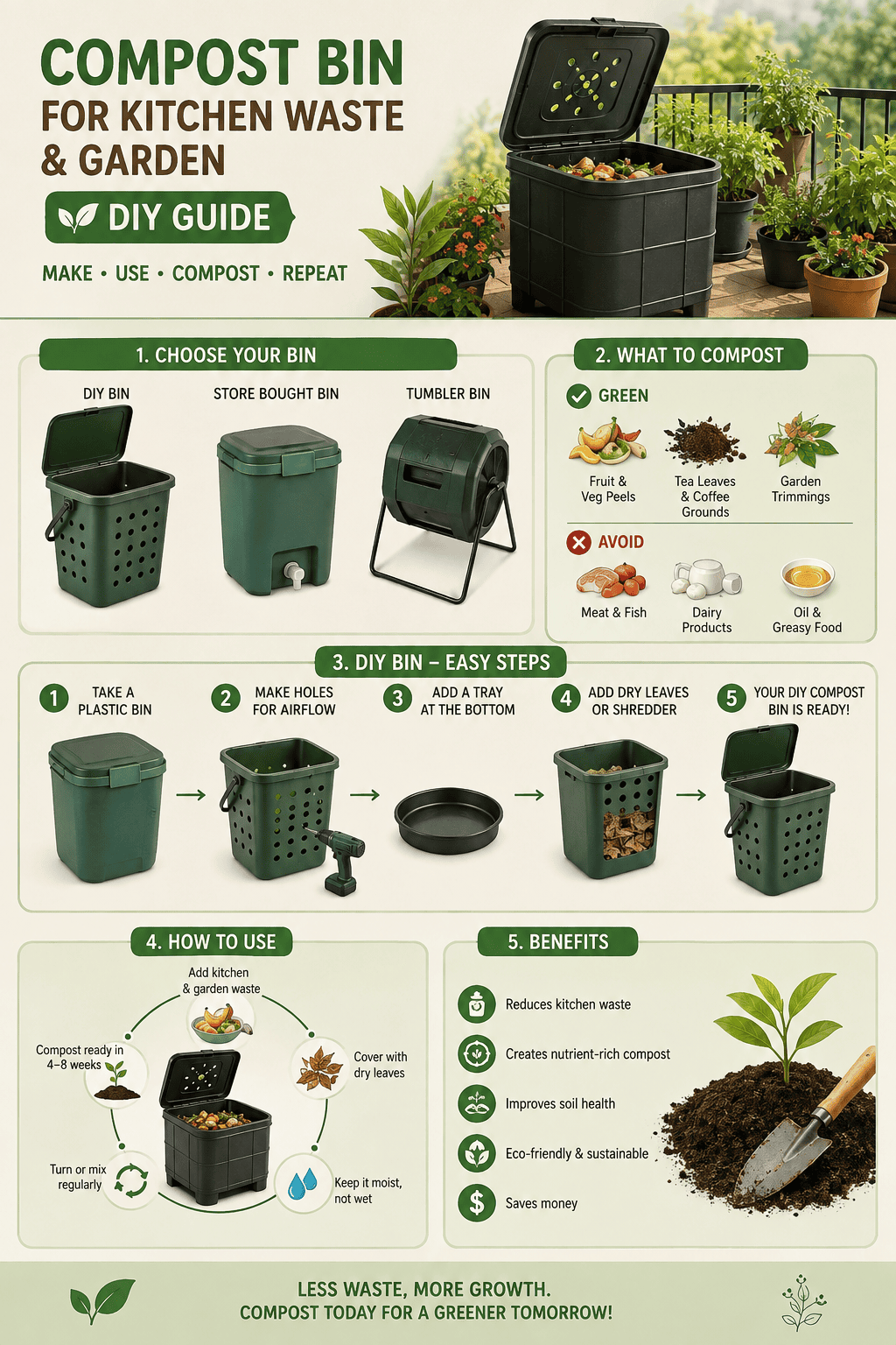 For making, buying, and using a compost bin for kitchen waste and garden waste, featuring DIY compost bin steps, compostable materials, items to avoid, composting tips, and benefits for healthy, sustainable gardening