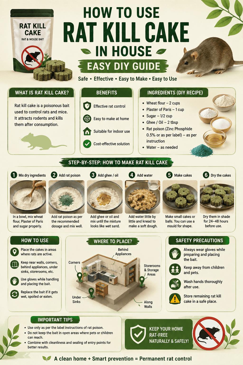 How to use rat kill cake in house – easy DIY guide showing ingredients, preparation steps, bait placement areas, safety precautions, and tips for effective rat and mouse control