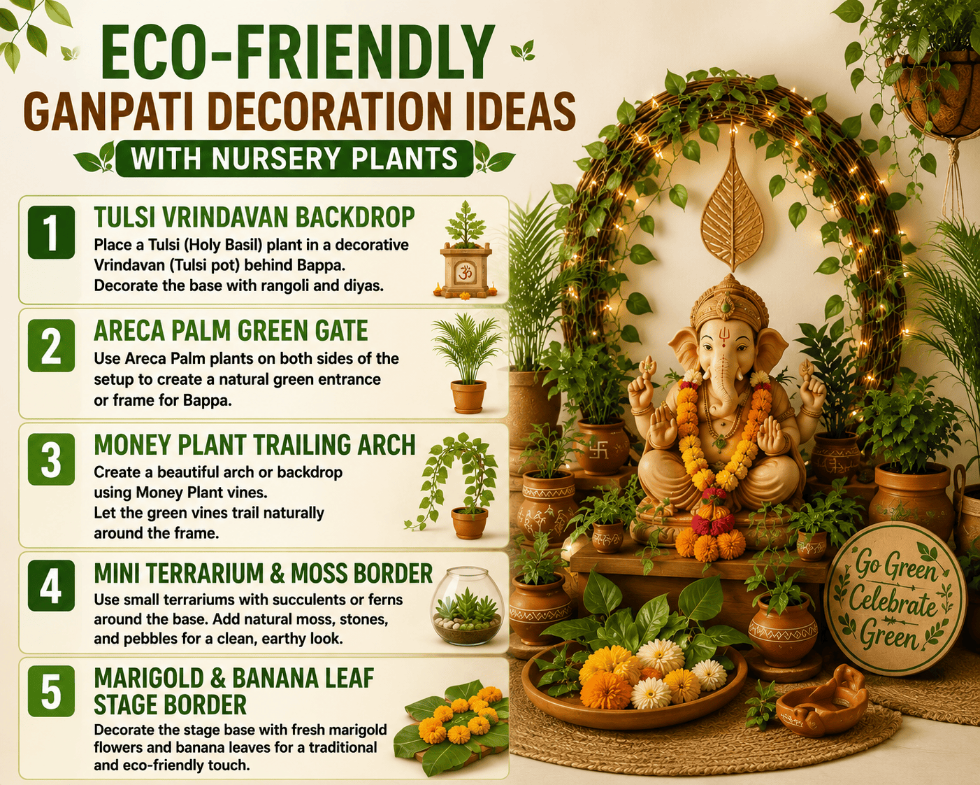 Eco friendly Ganpati decoration ideas with nursery plants for Ganesh Chaturthi 2026, featuring Tulsi Vrindavan backdrop, Areca Palm green gate, Money Plant trailing arch, mini terrarium and moss border, marigold flowers and banana leaf stage decoration