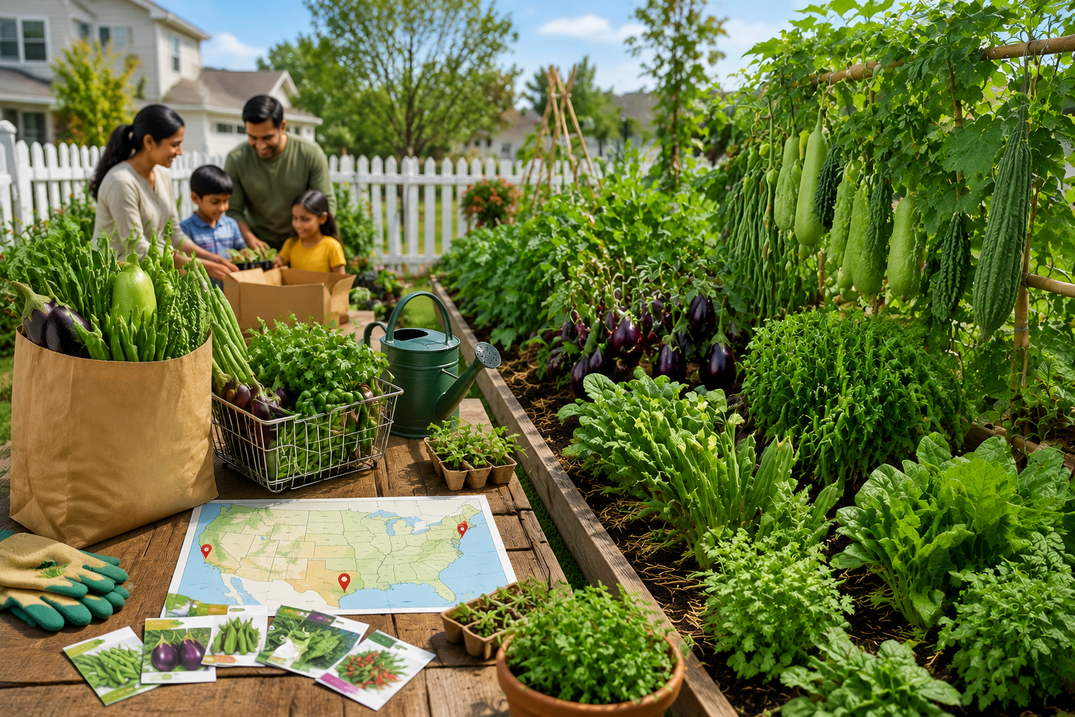 Indian family growing Indian vegetables in a USA backyard garden with raised beds, bottle gourd, bitter gourd, okra, eggplant, green chilies, spinach, coriander, and seed packets, illustrating a beginner's guide to growing Indian vegetables in California, Texas, and New Jersey