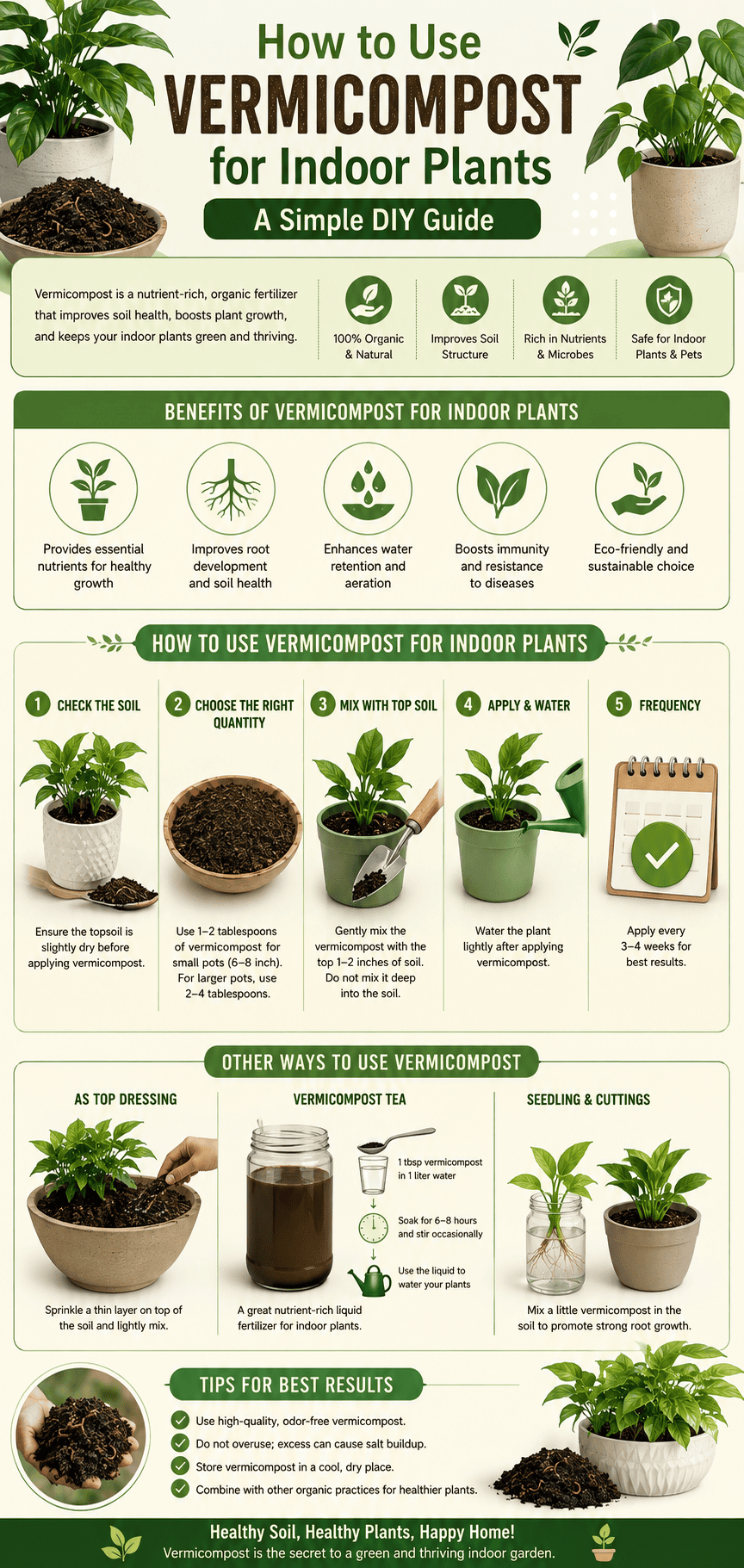 Infographic showing how to use vermicompost for indoor plants, including benefits, application steps, dosage by pot size, recommended houseplants, and practical vermicompost gardening tips