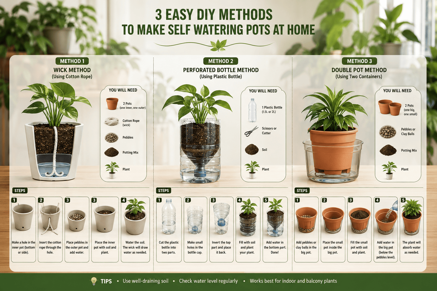 Step-by-step infographic showing three easy DIY self-watering pot methods for home gardening, including the cotton wick method, plastic bottle reservoir method, and double-pot self-watering planter. Visual guide with materials, assembly steps, and watering tips for beginners to grow healthy indoor plants, herbs, vegetables, and balcony garden plants at home