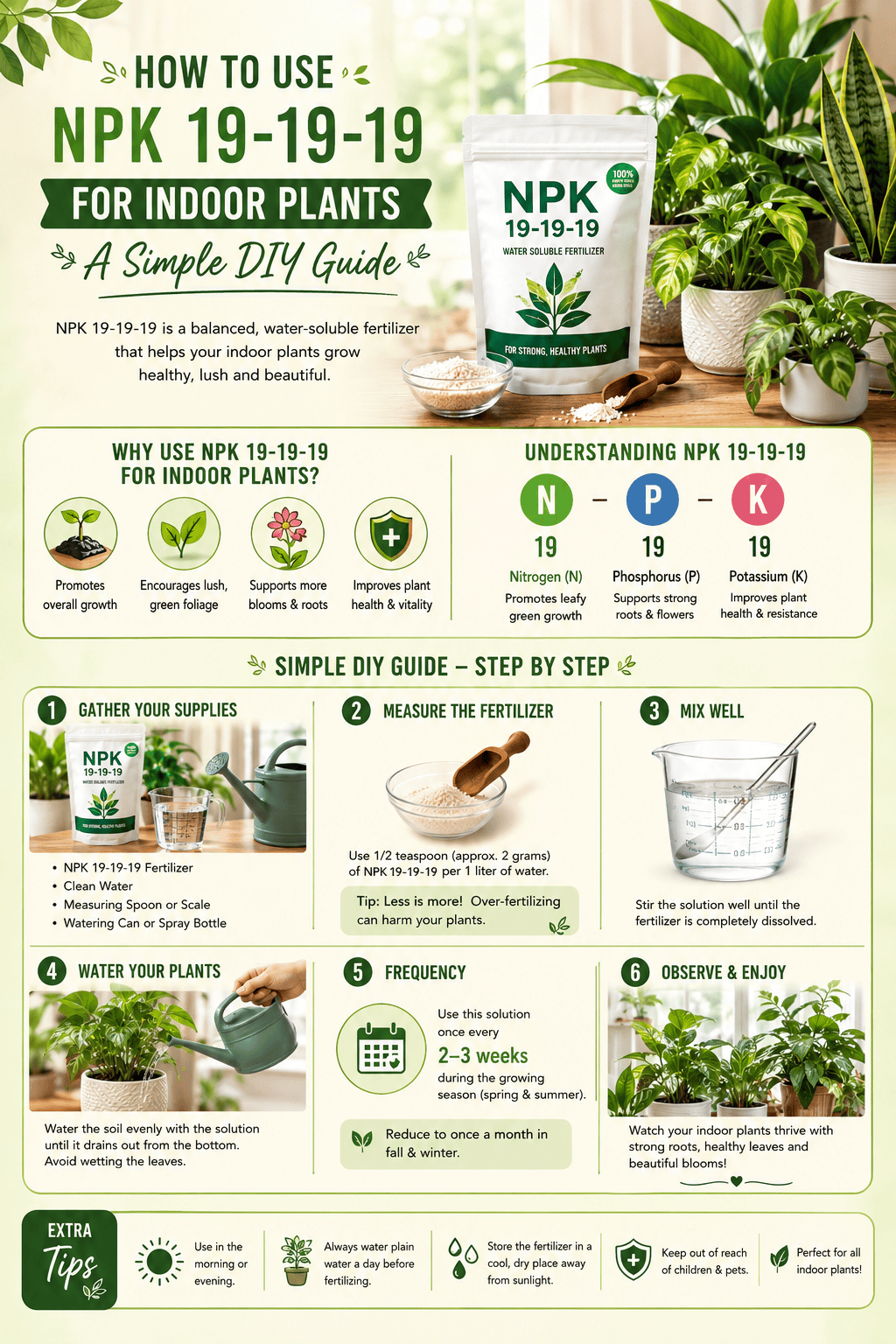 Infographic showing how to use NPK 19-19-19 water-soluble fertilizer for indoor plants, including its benefits, NPK nutrient roles, correct fertilizer measurement, mixing instructions, watering method, application frequency, and practical DIY plant care tips for healthy indoor plant growth