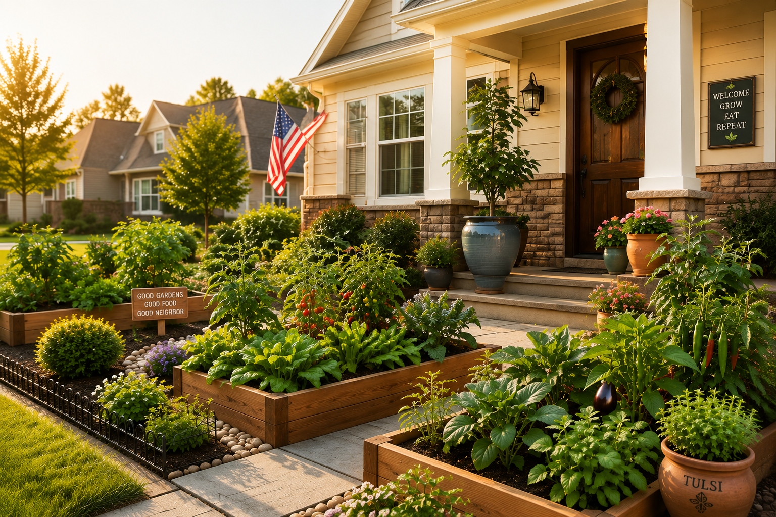 HOA-approved vegetable garden ideas for Indians in the USA featuring a beautiful American suburban front yard with raised garden beds, decorative planters, Tulsi, tomatoes, eggplant, green chillies, herbs, and neatly landscaped edible gardening designed to comply with HOA community rules.