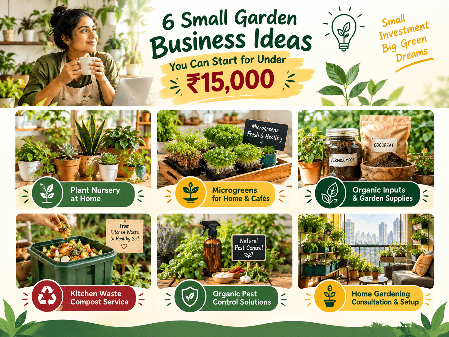Infographic showing 6 small garden business ideas that can be started with an investment under ₹15,000. The visual features a home gardener and six illustrated business opportunities: plant nursery at home, microgreens for homes and cafés, organic gardening inputs and supplies, kitchen-waste compost service, organic pest control solutions, and home gardening consultation and setup. The infographic uses green, cream, yellow and maroon colors with photographs of indoor plants, microgreens, vermicompost, cocopeat, composting, natural pest-control products and a balcony garden overlooking an urban cityscape