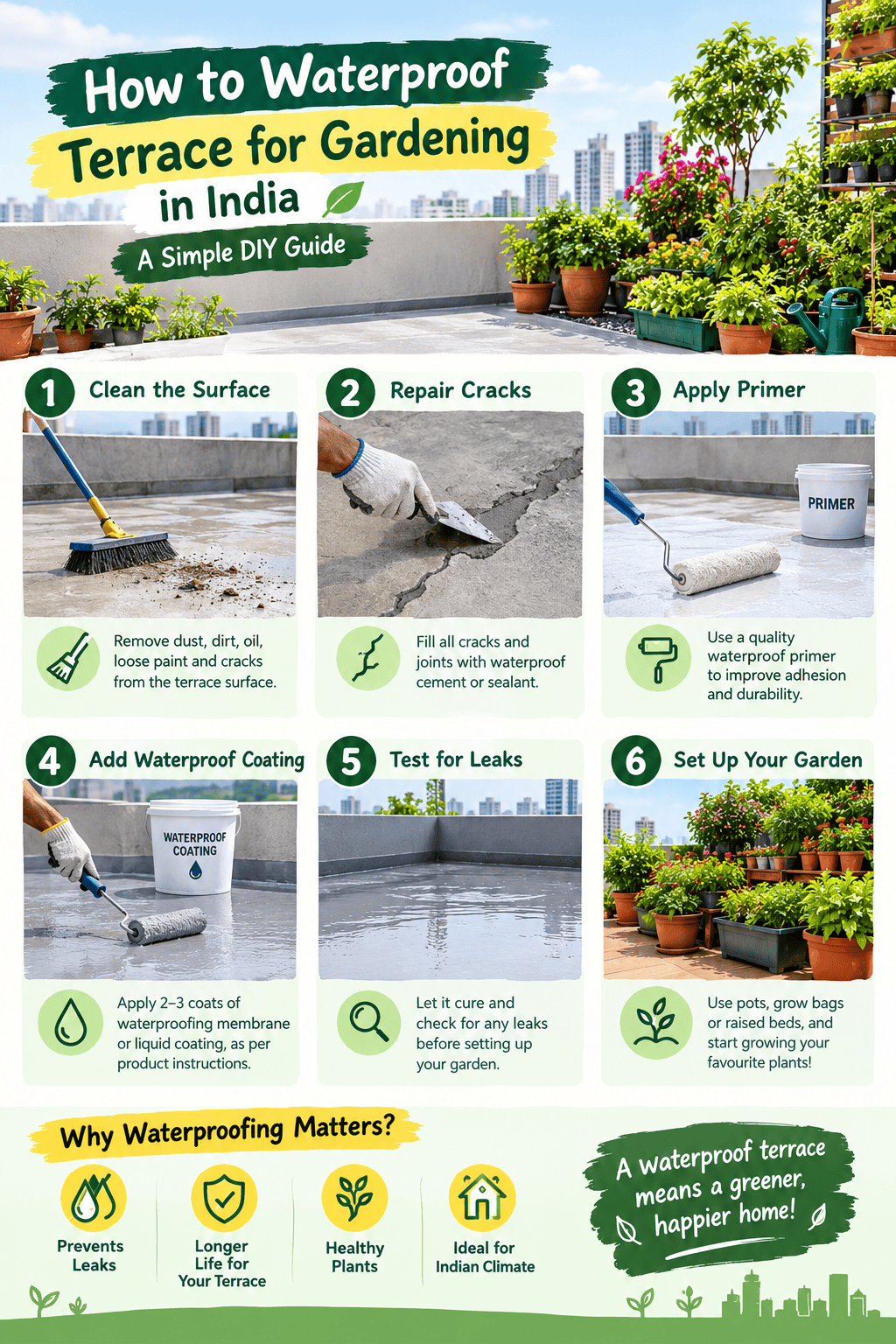 DIY terrace waterproofing for rooftop gardening in India infographic showing 6 steps: cleaning the terrace, repairing cracks, applying primer, waterproof coating, leak testing, and setting up a terrace garden with plants and planters