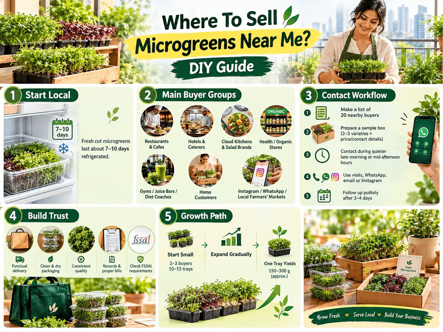 Infographic DIY guide showing where to sell microgreens near you, with steps for finding local buyers, including restaurants, cafés, hotels, caterers, cloud kitchens, salad brands, organic stores, gyms, juice bars, diet coaches, home customers, and local farmers’ markets. The infographic also illustrates how to contact potential buyers through visits, WhatsApp, email, and Instagram; prepare sample boxes; follow up with prospects; maintain clean packaging and consistent quality; keep proper records and check FSSAI requirements; and gradually grow from a few microgreen trays to a larger local business.