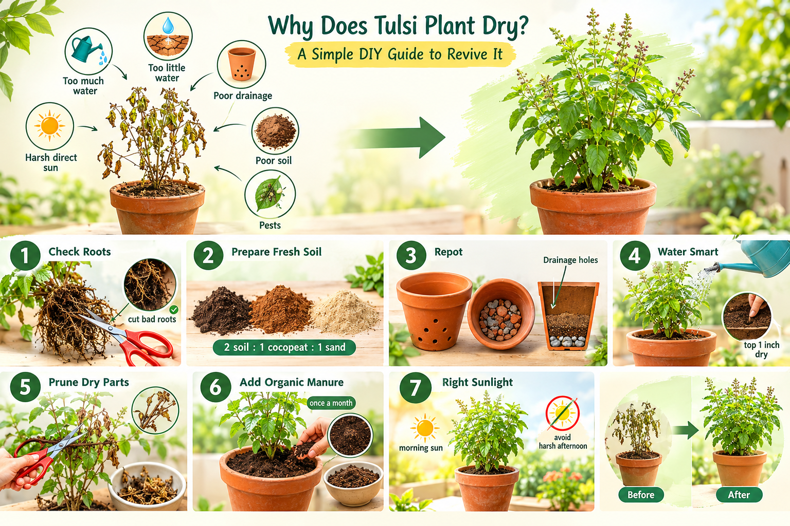 Tulsi plant revival DIY guide infographic showing common causes of a drying tulsi plant, including overwatering, underwatering, poor drainage, poor soil, harsh sunlight and pests, followed by visual steps for checking roots, preparing fresh soil, repotting, proper watering, pruning dry leaves, adding organic manure and providing morning sunlight