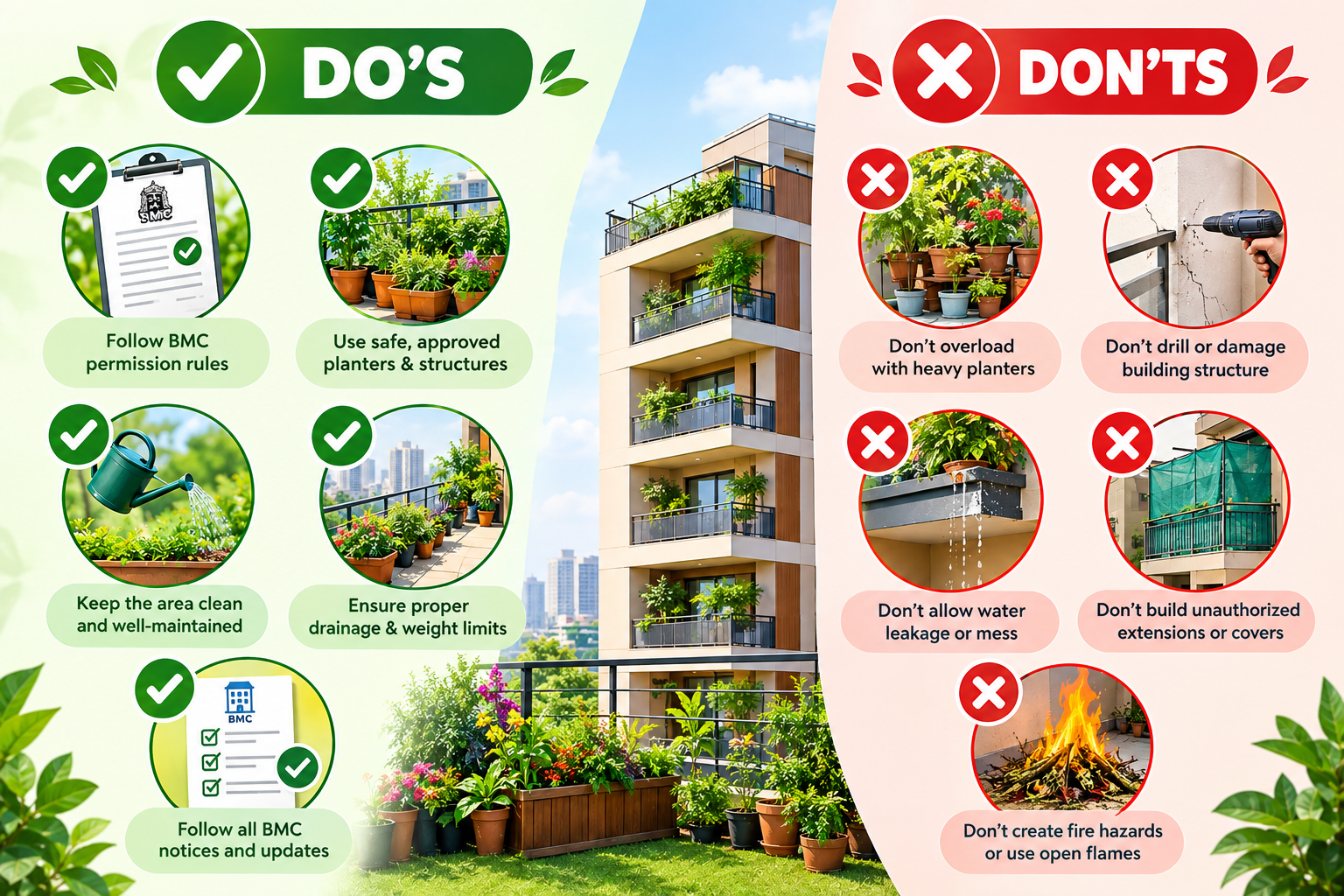 BMC building rules for gardeners infographic showing the key DOs and DON’Ts for balcony and terrace gardening, including safe planters, proper drainage, weight limits, avoiding structural damage, water leakage, unauthorized covers, and fire hazards